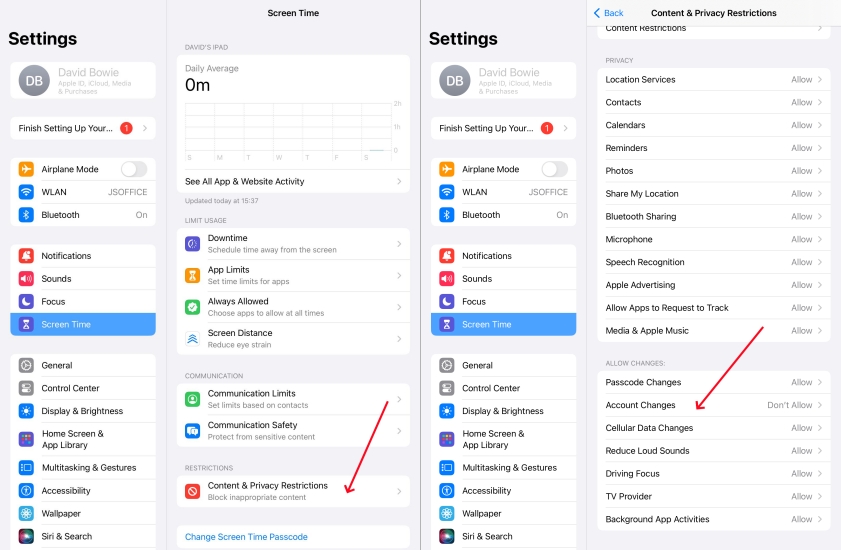 account change in restrictions ipad