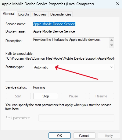 open apple mobile device service properties