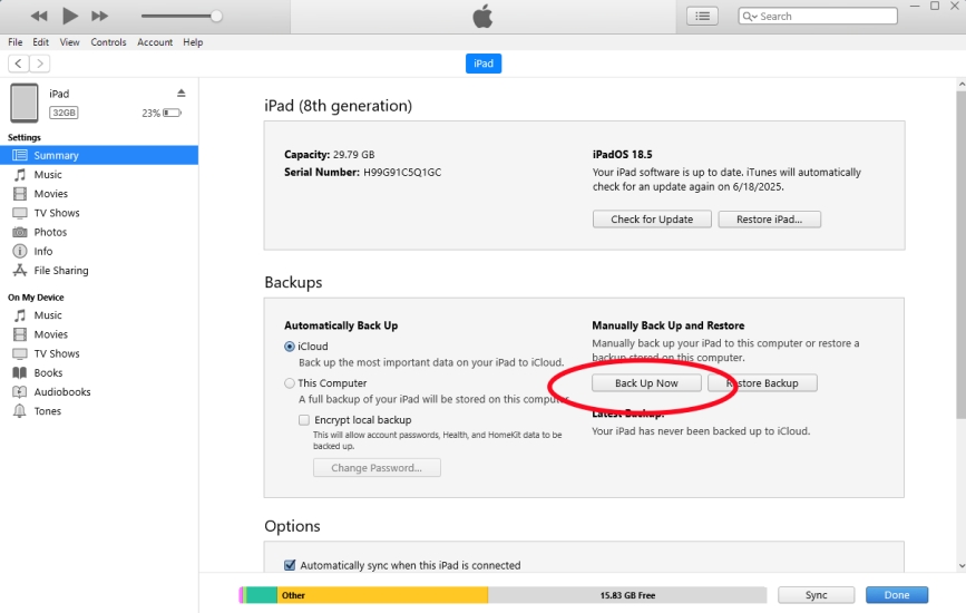 back up ipad on itunes