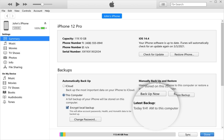 back up iphone in itunes