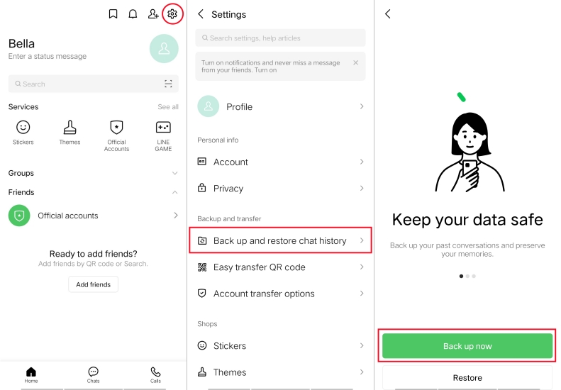 back up line on android device