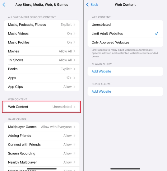 block web content on iphone