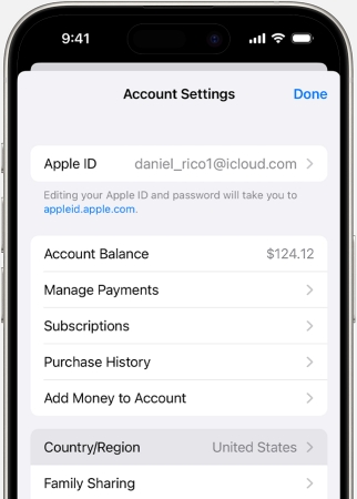 change apple id region on iphone