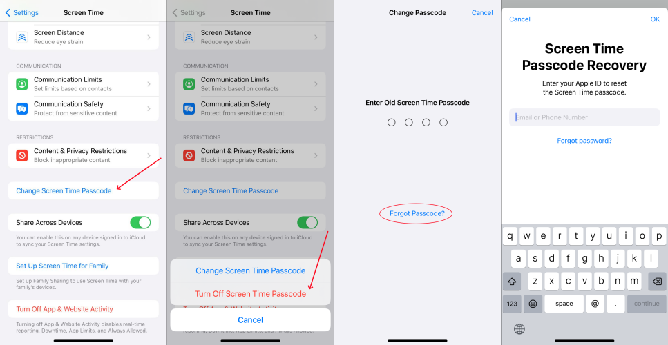 change old screen time passcode in settings