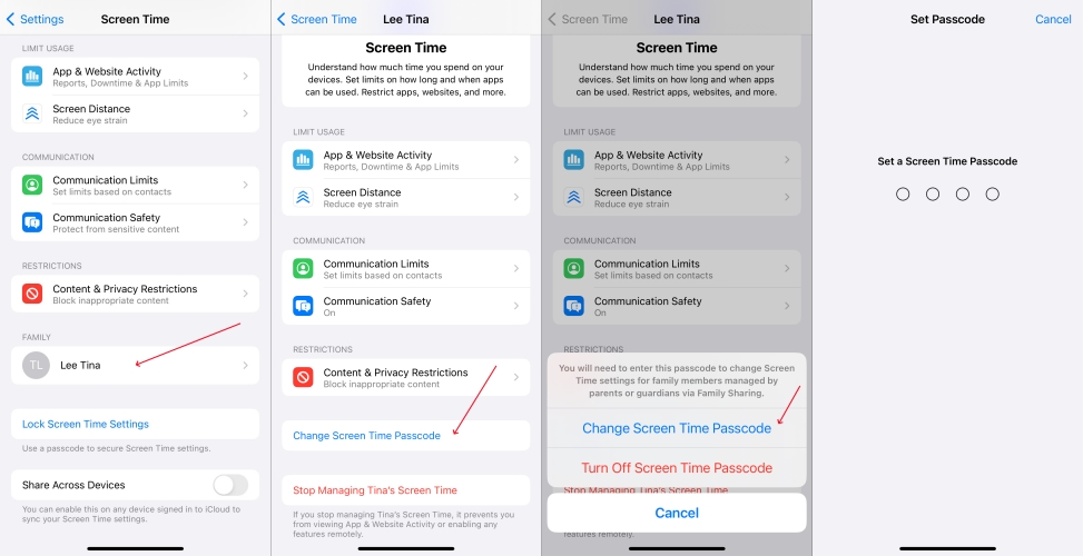 change restrictions passcode on child device