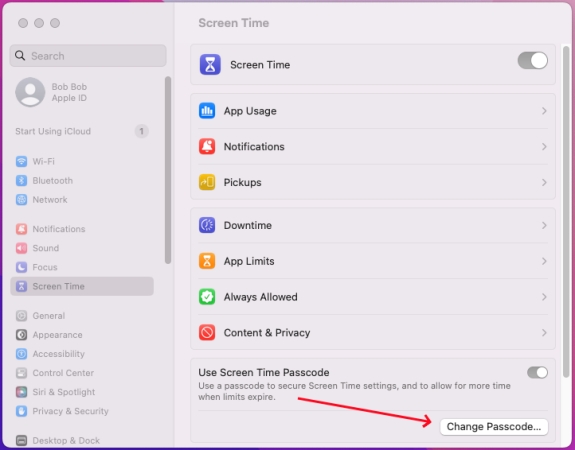 change screen time passcode on mac
