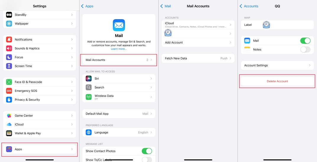 delete mail account on iphone