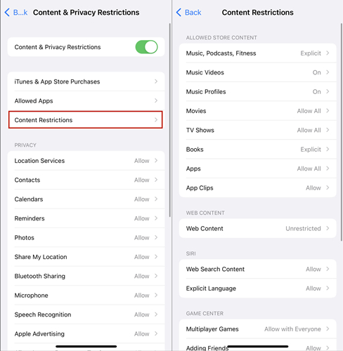 disable content restrictions on iphone