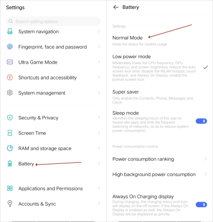 disable low power mode on android