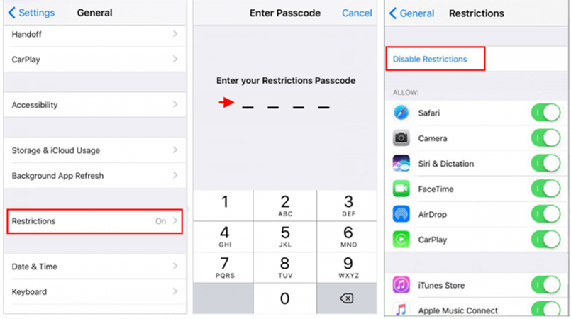 disable restrictions in ios 11