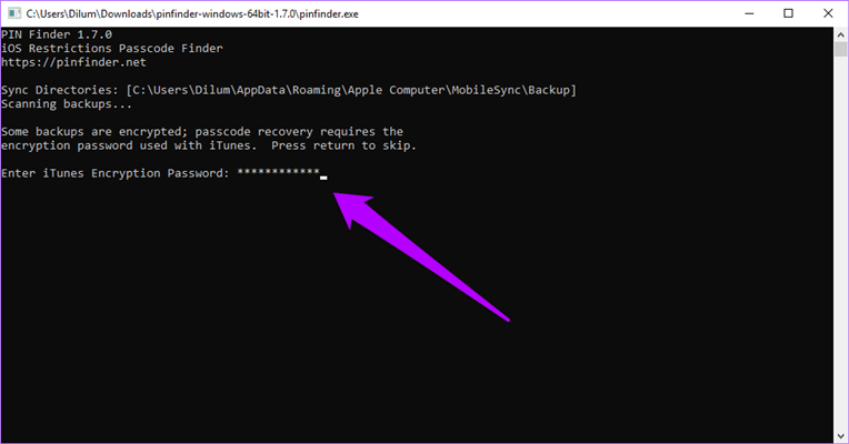 enter itunes password on pinfinder