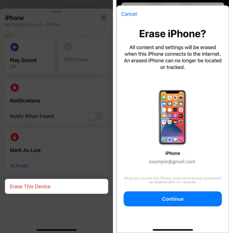 erase iphone via find my