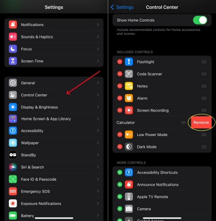 remove calculator from control center on iphone
