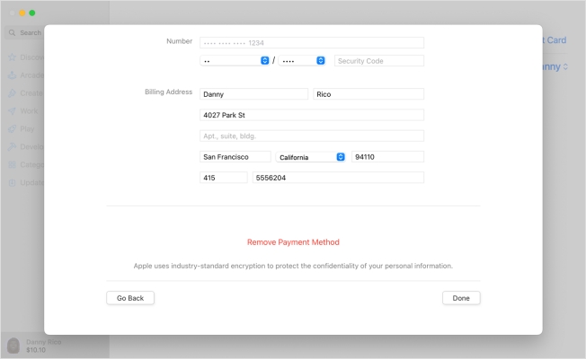 remove payment methond on mac