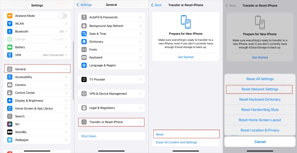 reset network settings on iphone