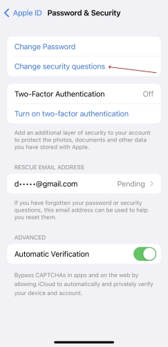 reset security questions in settings