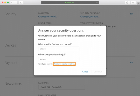 reset security questions on web