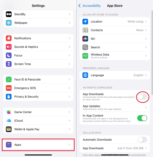 disable app downloads for app store on iphone