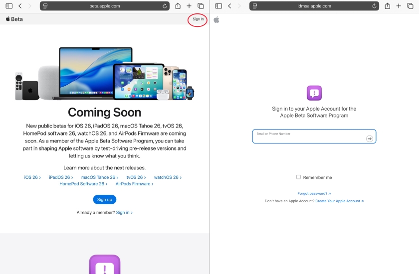 sign in apple beta software program