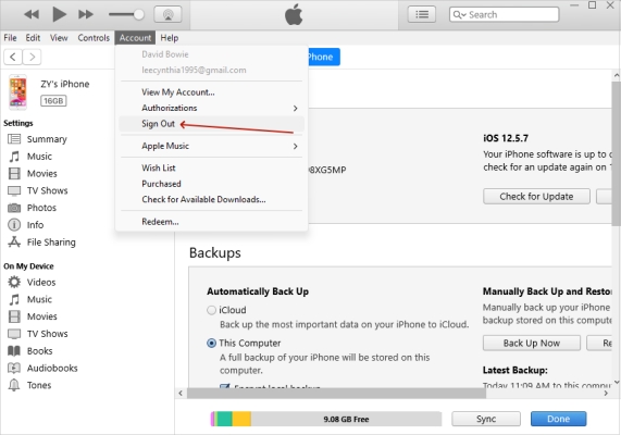 sign out iTunes