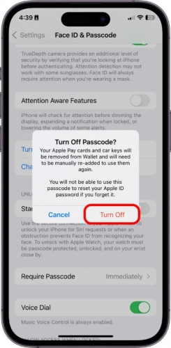 turn passcode off on iphone