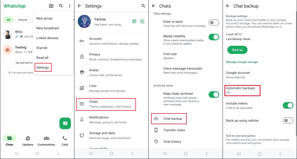 turn on whatsapp automatic backup on android