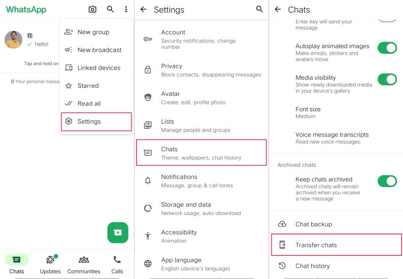tap transfer chats in whatsapp on android